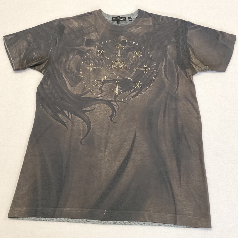 Black Label Affliction Mens Large T-Shirt Skulls Crosses Burnout Wash Gray Gold